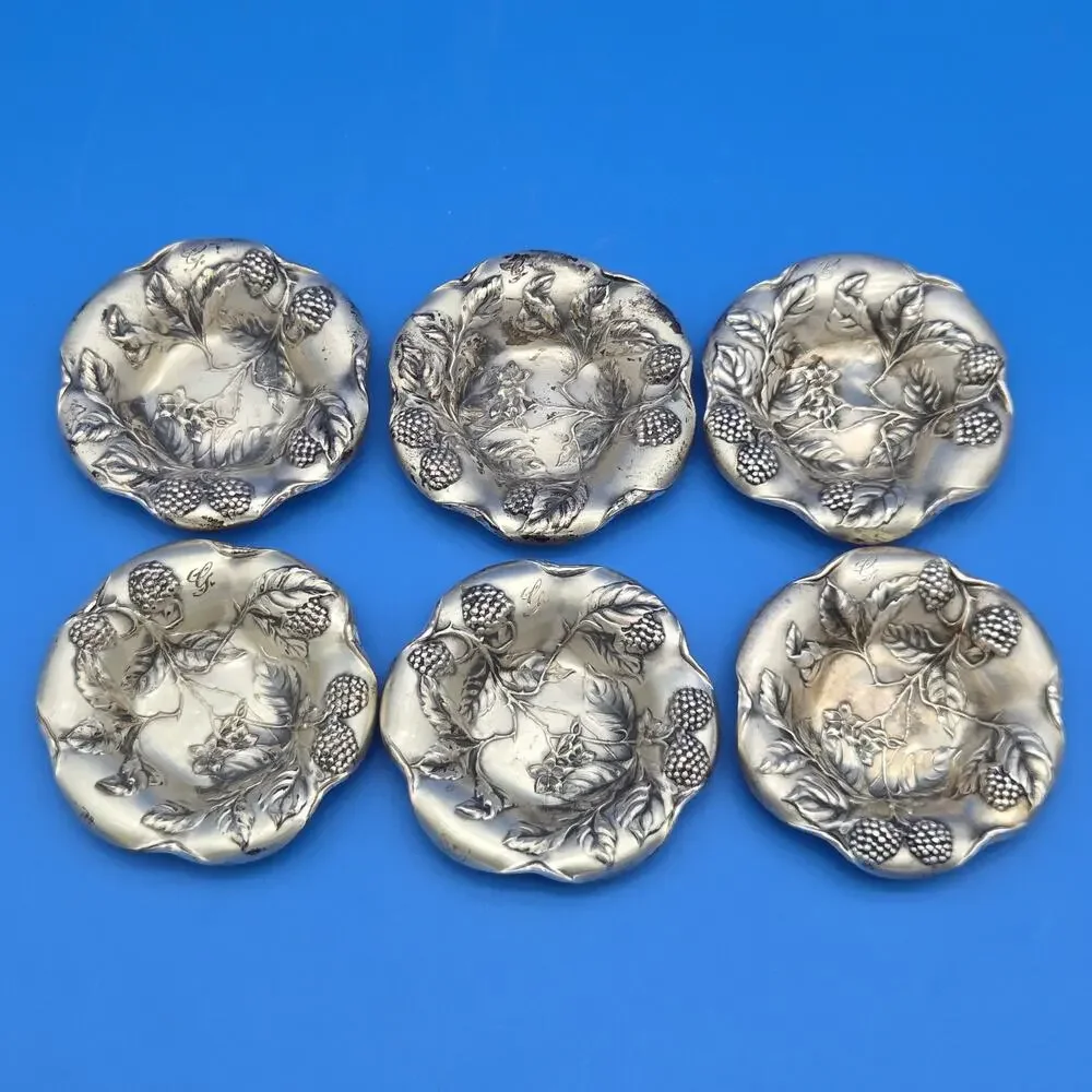 Set of 6 Antique Sterling Silver Repousse Berry Nut Dishes Flowers 3.5” 124g